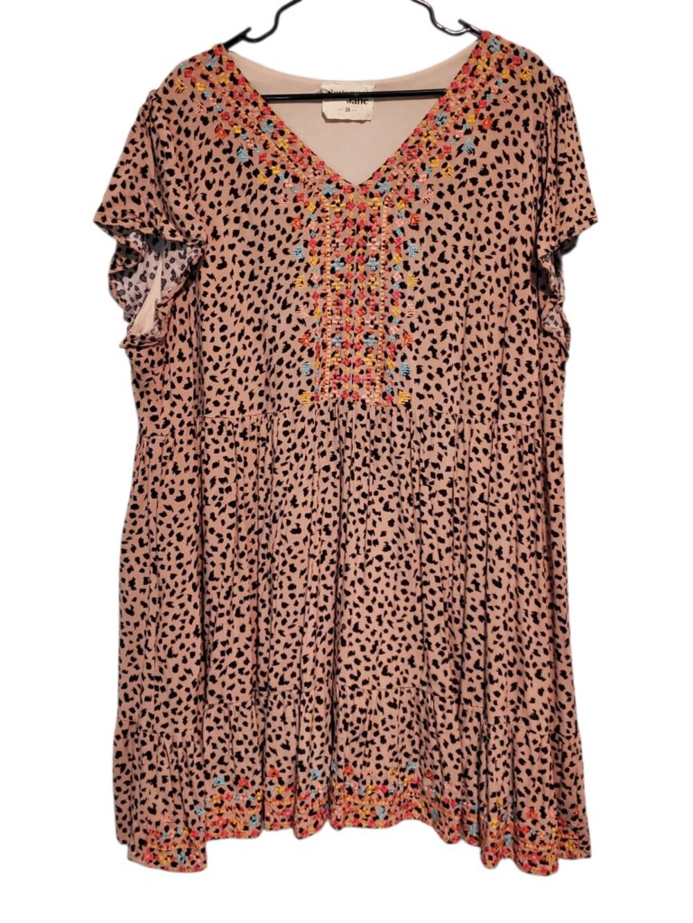 Savanna Jane Embroidered Leopard Print Ruffle Flowy Dress - 2X